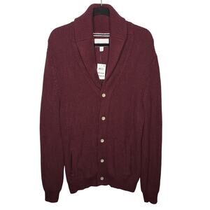 Sun + Stone Men's Cardigan Sweater Grandpa M Burgundy Shawl Collar Preppy Cotton